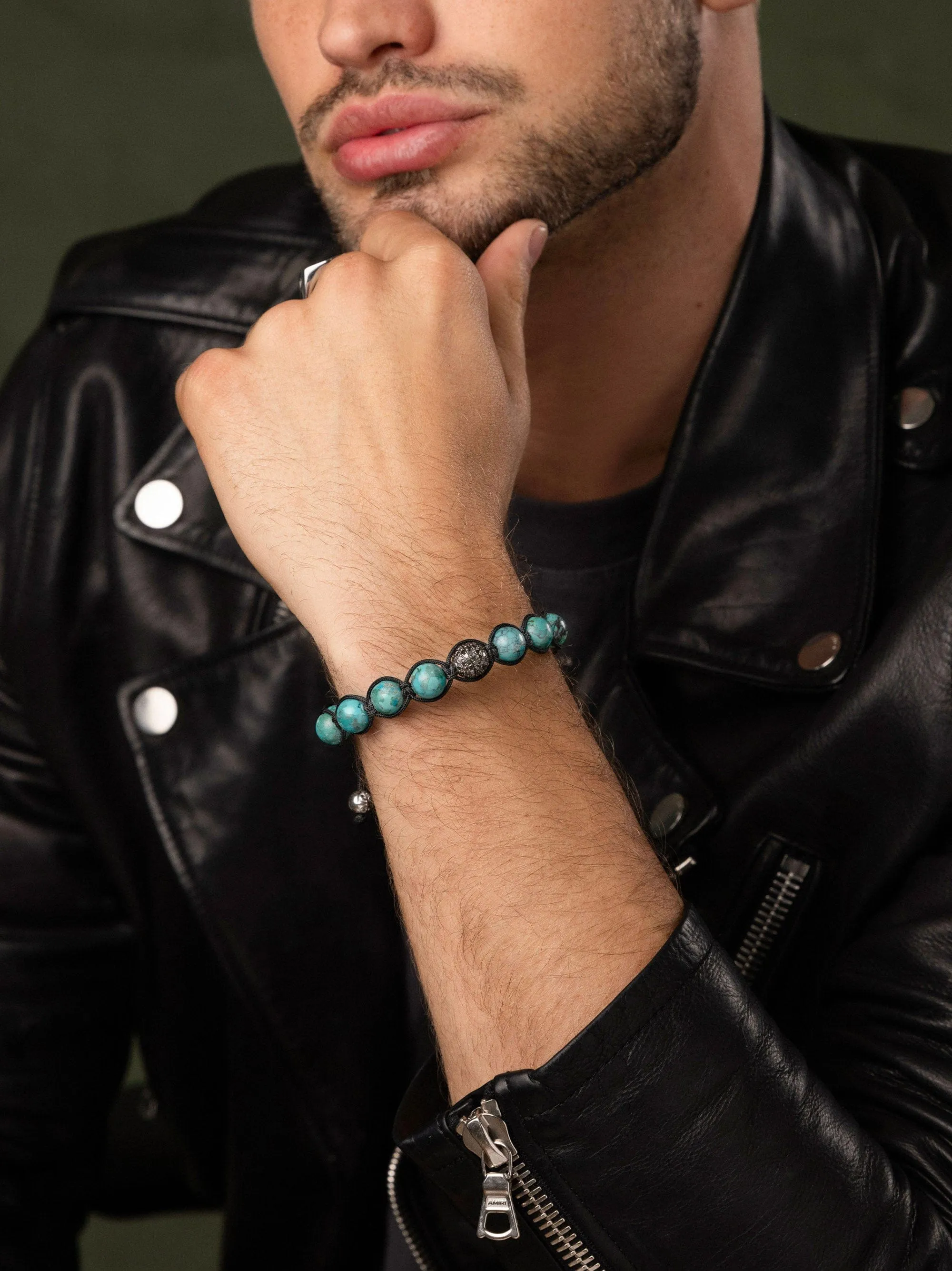 Men's Black Diamond Beaded Bracelet with Turquoise and Sterling Silver