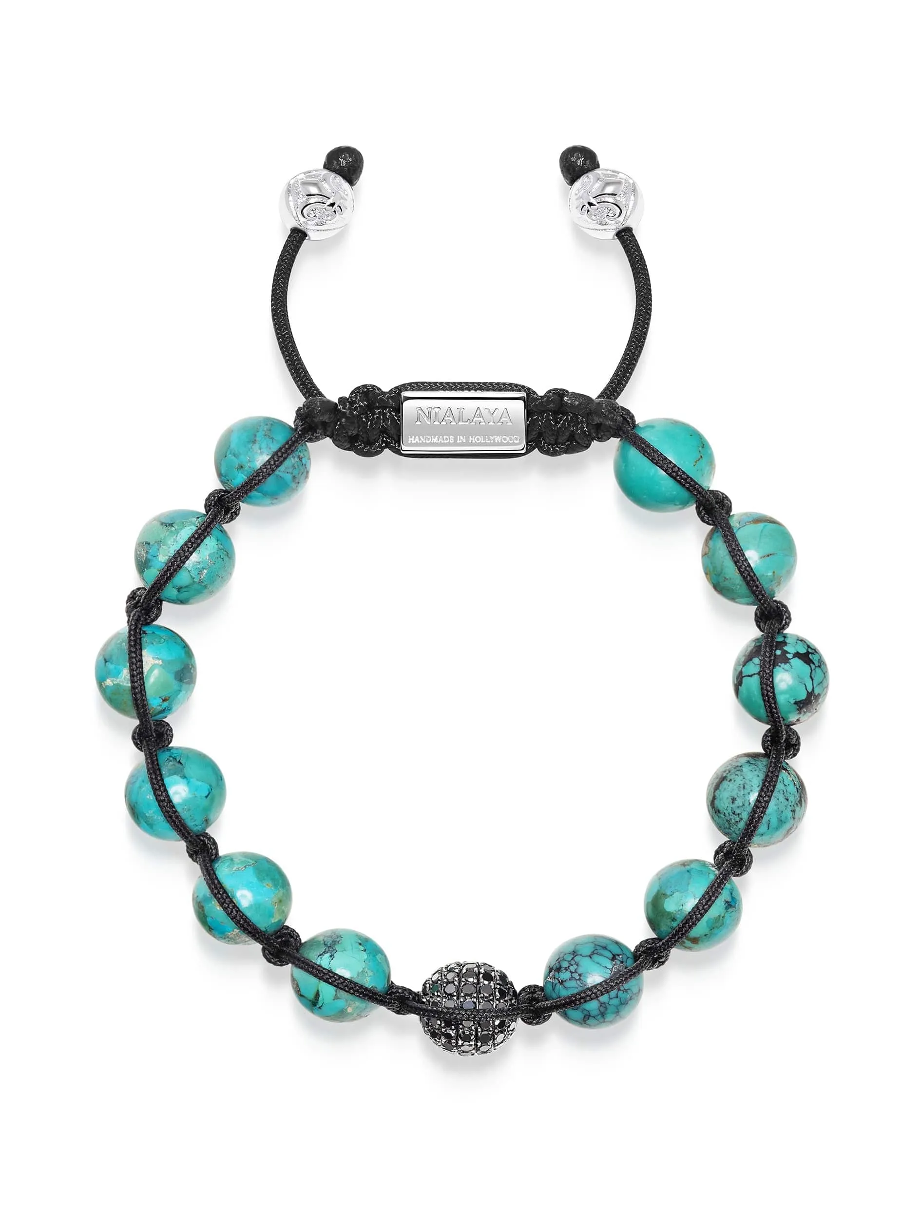 Men's Black Diamond Beaded Bracelet with Turquoise and Sterling Silver