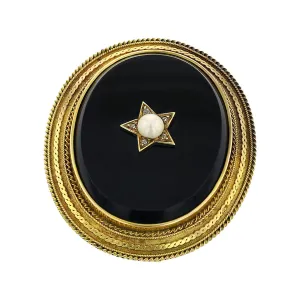 Mid-Century Onyx Brooch with Pearl and Diamonds