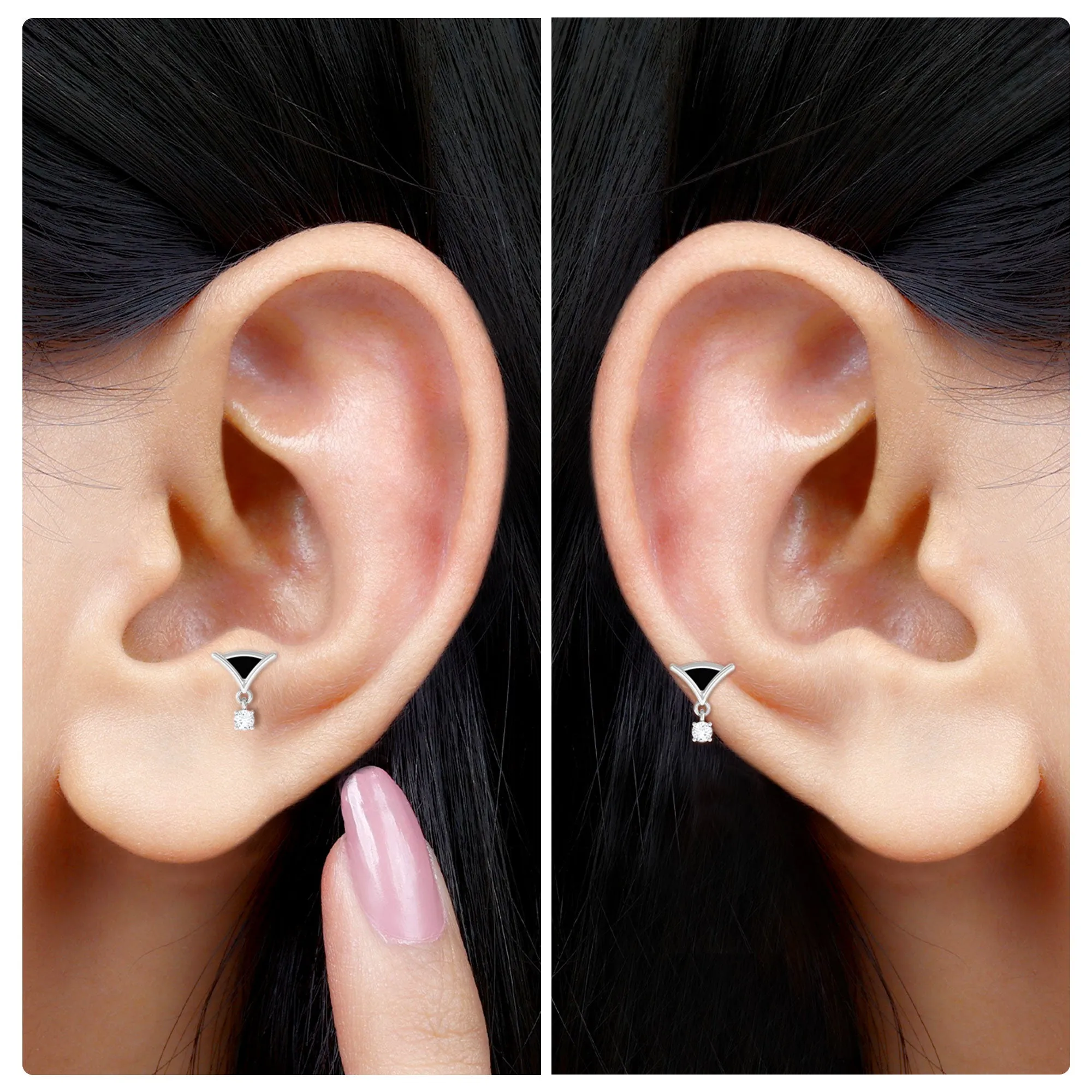 Minimalist Diamond Helix Drop Earring with Black Enamel