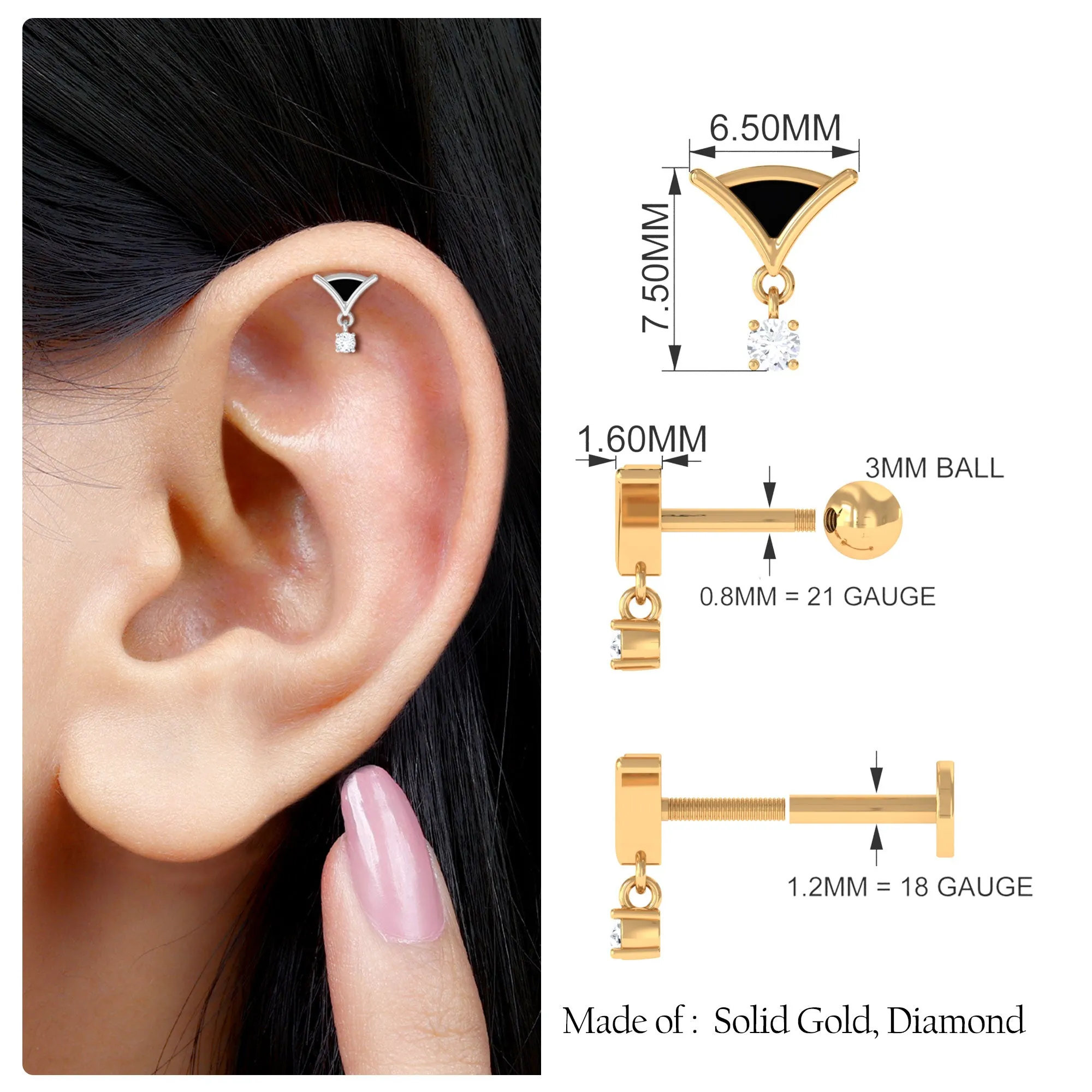 Minimalist Diamond Helix Drop Earring with Black Enamel