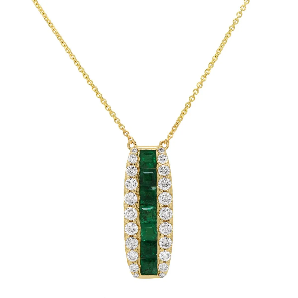 MODERN YELLOW GOLD EMERALD AND DIAMOND PENDANT NECKLACE, .65 CT TW