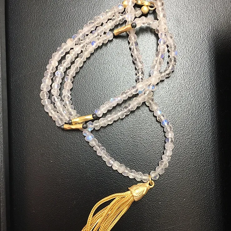 MOONSTONE NECKLACE 60CM WITH GOLD TASSEL PENDANT