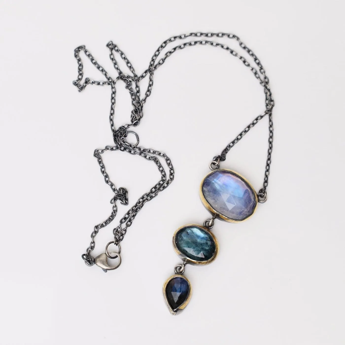 Moonstone, Teal Kyanite & Labradorite Crescent Rim Triple Drop Necklace