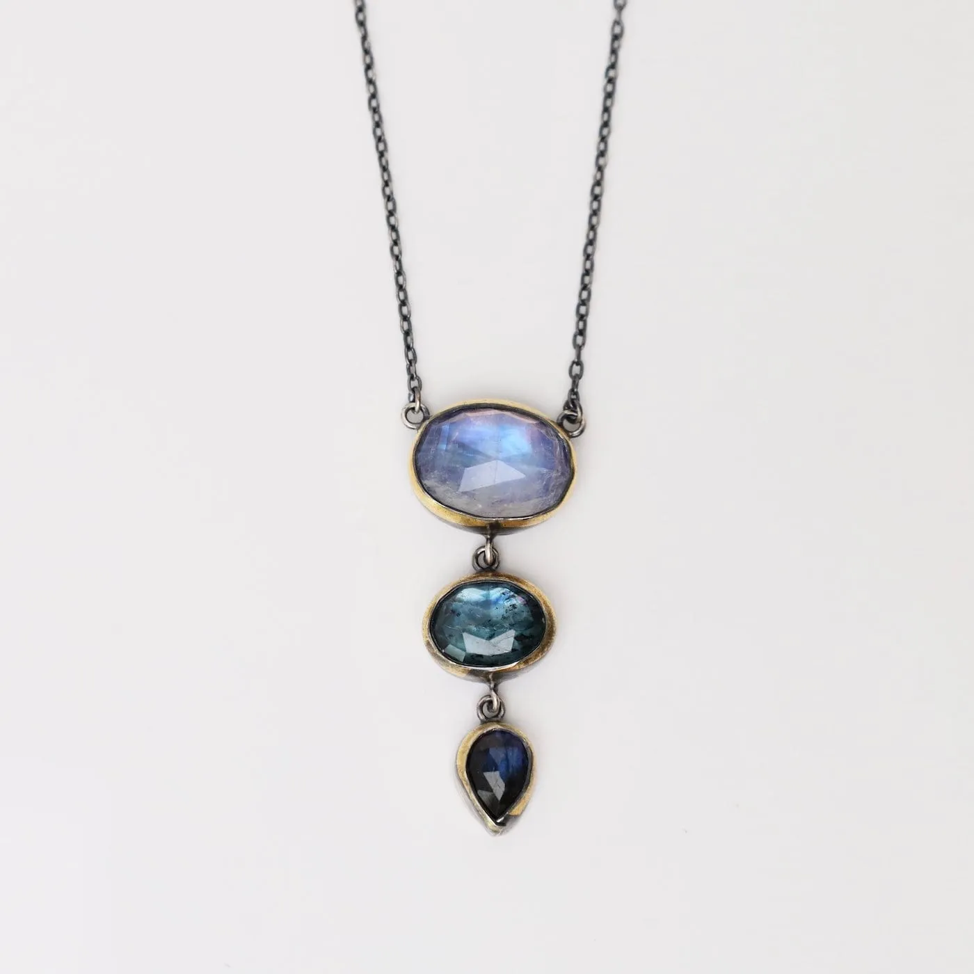 Moonstone, Teal Kyanite & Labradorite Crescent Rim Triple Drop Necklace