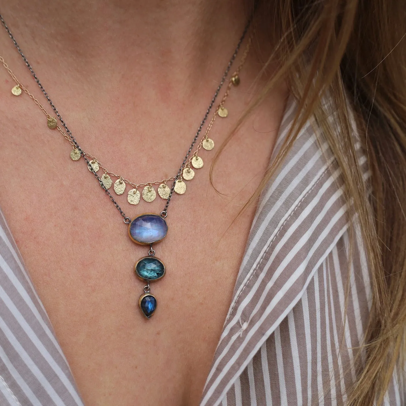 Moonstone, Teal Kyanite & Labradorite Crescent Rim Triple Drop Necklace