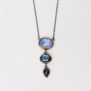 Moonstone, Teal Kyanite & Labradorite Crescent Rim Triple Drop Necklace