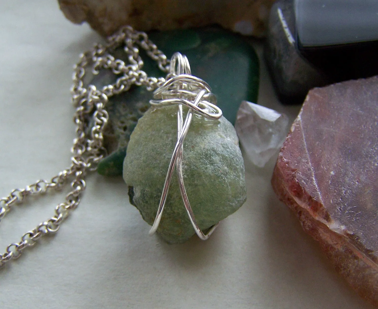 Natural Green Prehnite Wire Wrapped Pendant Necklace