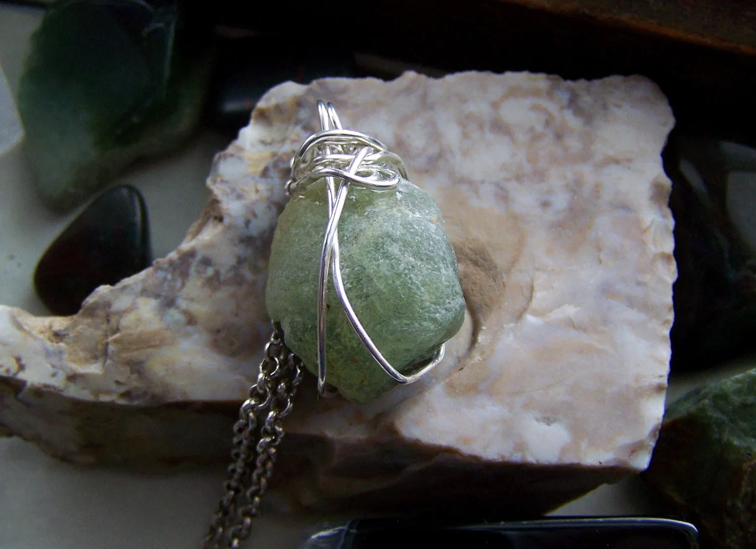 Natural Green Prehnite Wire Wrapped Pendant Necklace