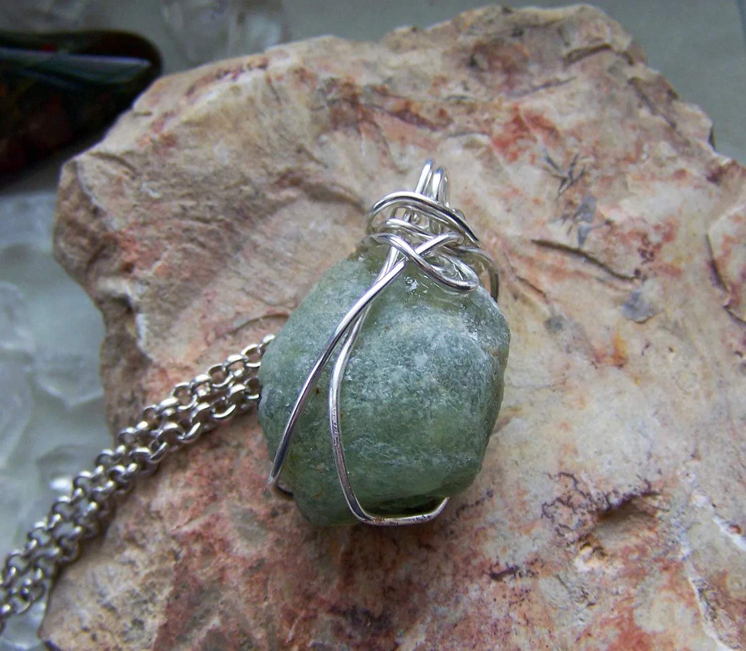 Natural Green Prehnite Wire Wrapped Pendant Necklace