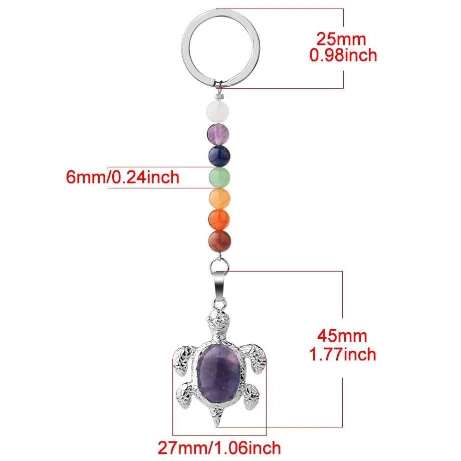 Natural Stones Keychains 7 Chakra Chain Silver-color Sea Turtle Pendant Oval Bead Tortoise Keyring