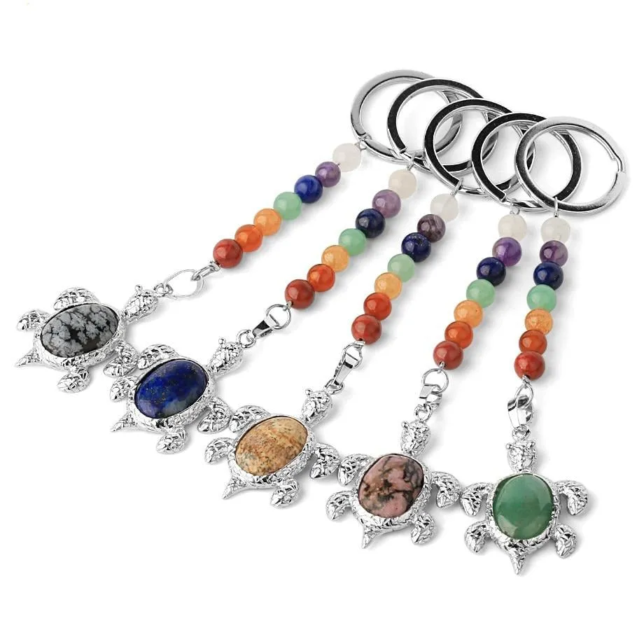 Natural Stones Keychains 7 Chakra Chain Silver-color Sea Turtle Pendant Oval Bead Tortoise Keyring