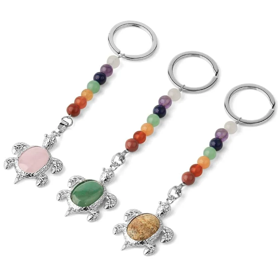 Natural Stones Keychains 7 Chakra Chain Silver-color Sea Turtle Pendant Oval Bead Tortoise Keyring