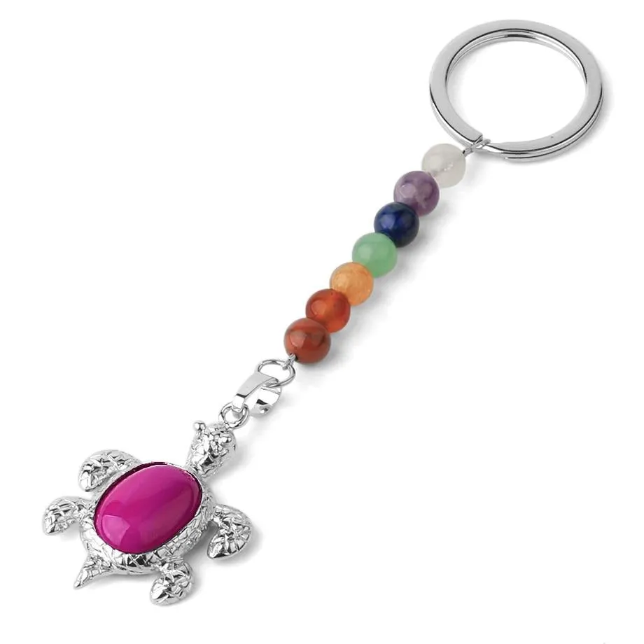 Natural Stones Keychains 7 Chakra Chain Silver-color Sea Turtle Pendant Oval Bead Tortoise Keyring