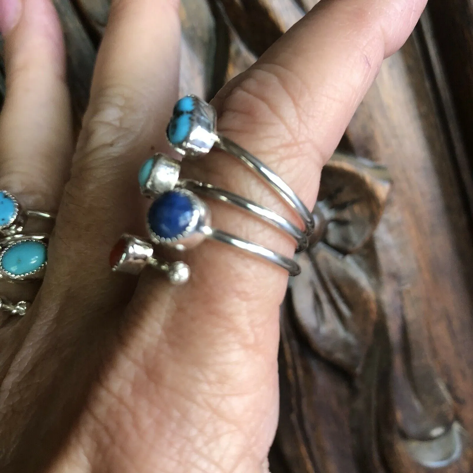 Navajo Turquoise, Lapis and Coral Sterling Silver ring