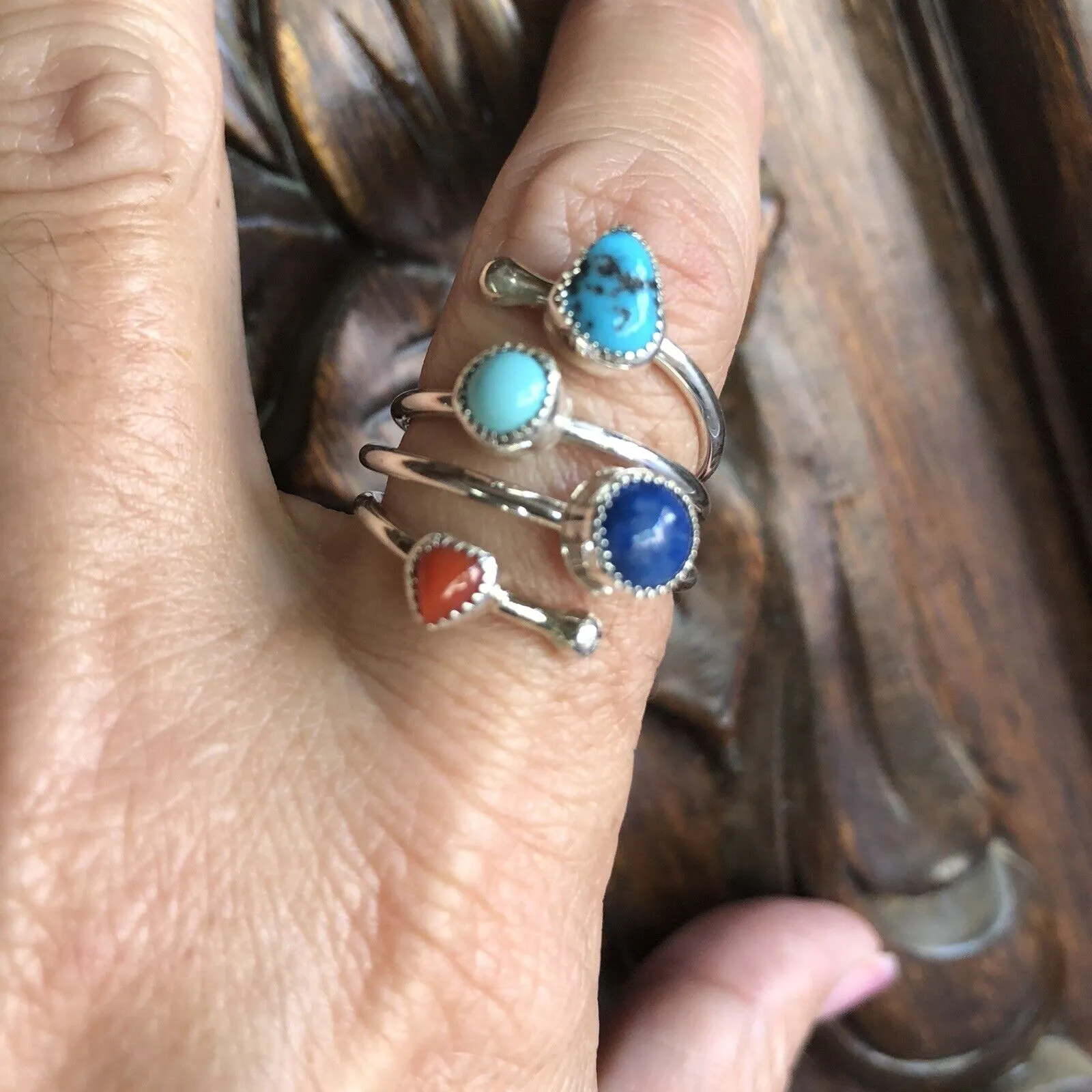 Navajo Turquoise, Lapis and Coral Sterling Silver ring