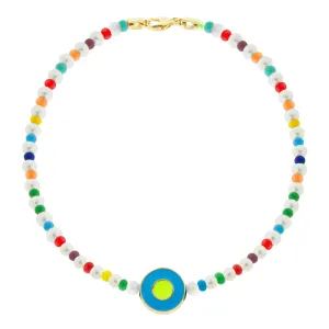 Neon Blue Enameled Evil Eye Disk Beaded Bracelet with Clasp