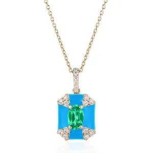 Octagon Enamel Emerald Pendant Necklace with Diamonds