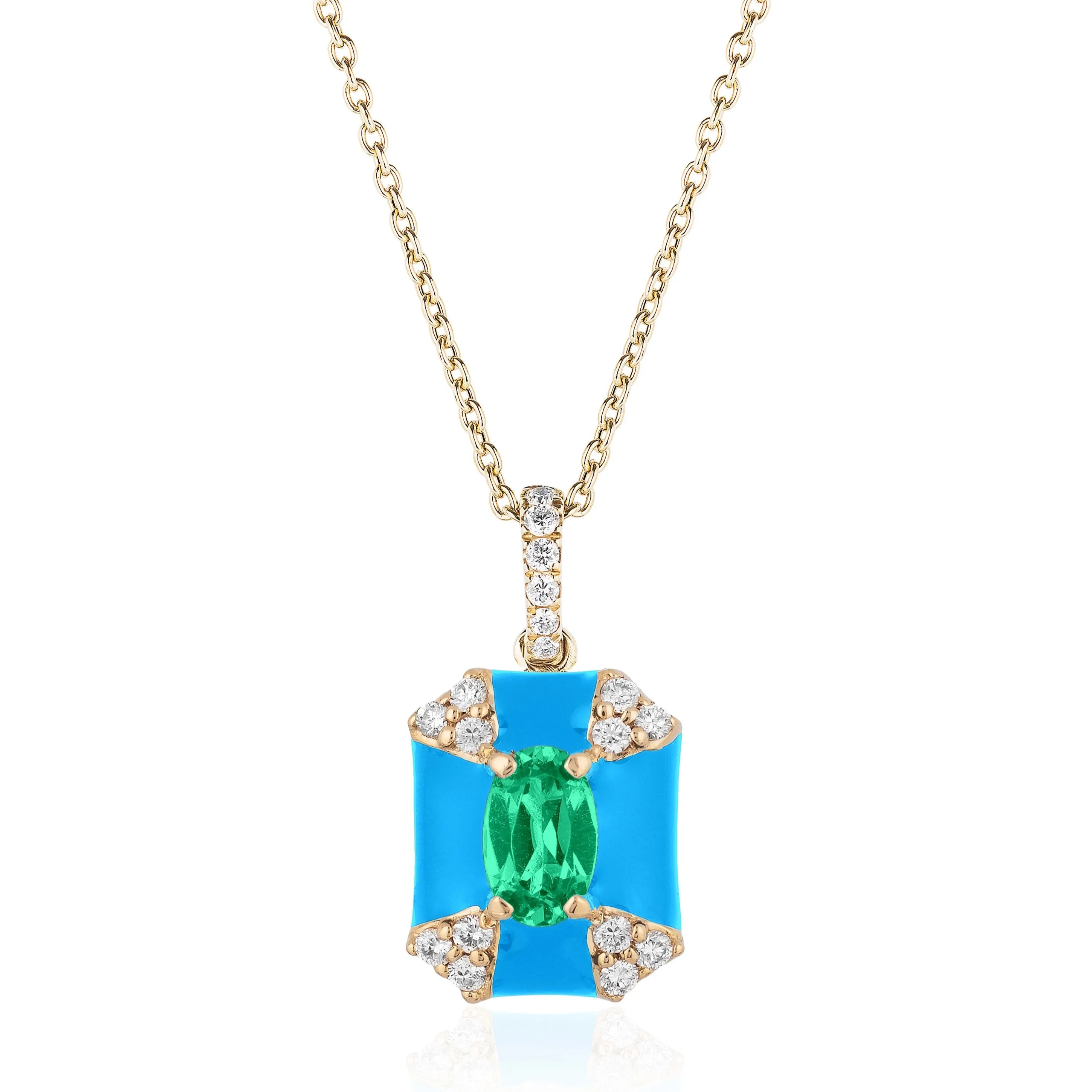 Octagon Enamel Emerald Pendant Necklace with Diamonds