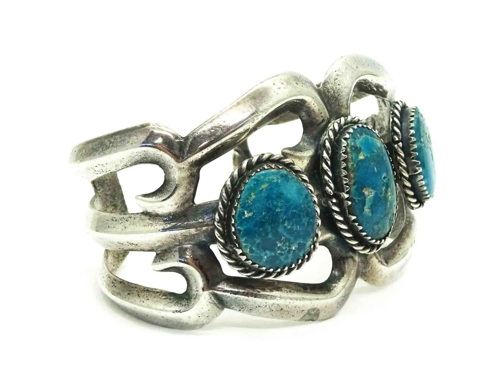 Old Pawn Southwest 3-Stone Turquoise Openwork Cuff Bracelet Sterling Silver