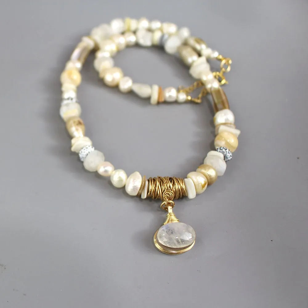 One of a Kind Moonstone Pearl Eye Necklace