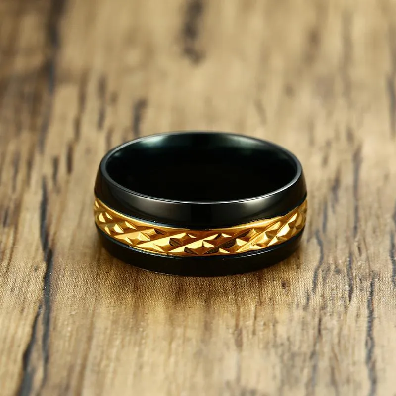 Onyx Black Faceted Gold Throne Steel Ring