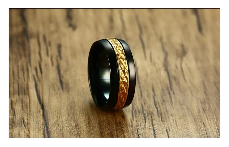 Onyx Black Faceted Gold Throne Steel Ring