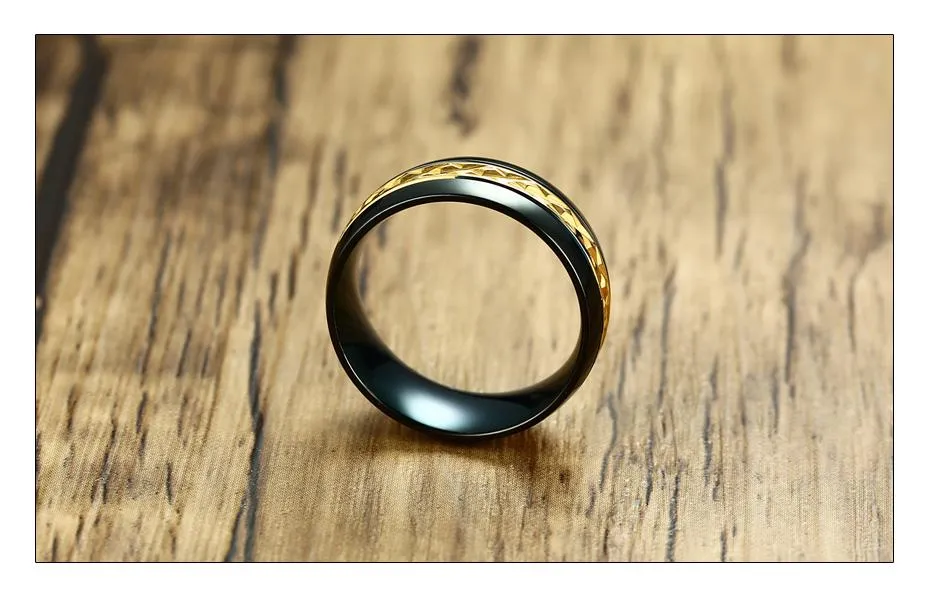 Onyx Black Faceted Gold Throne Steel Ring