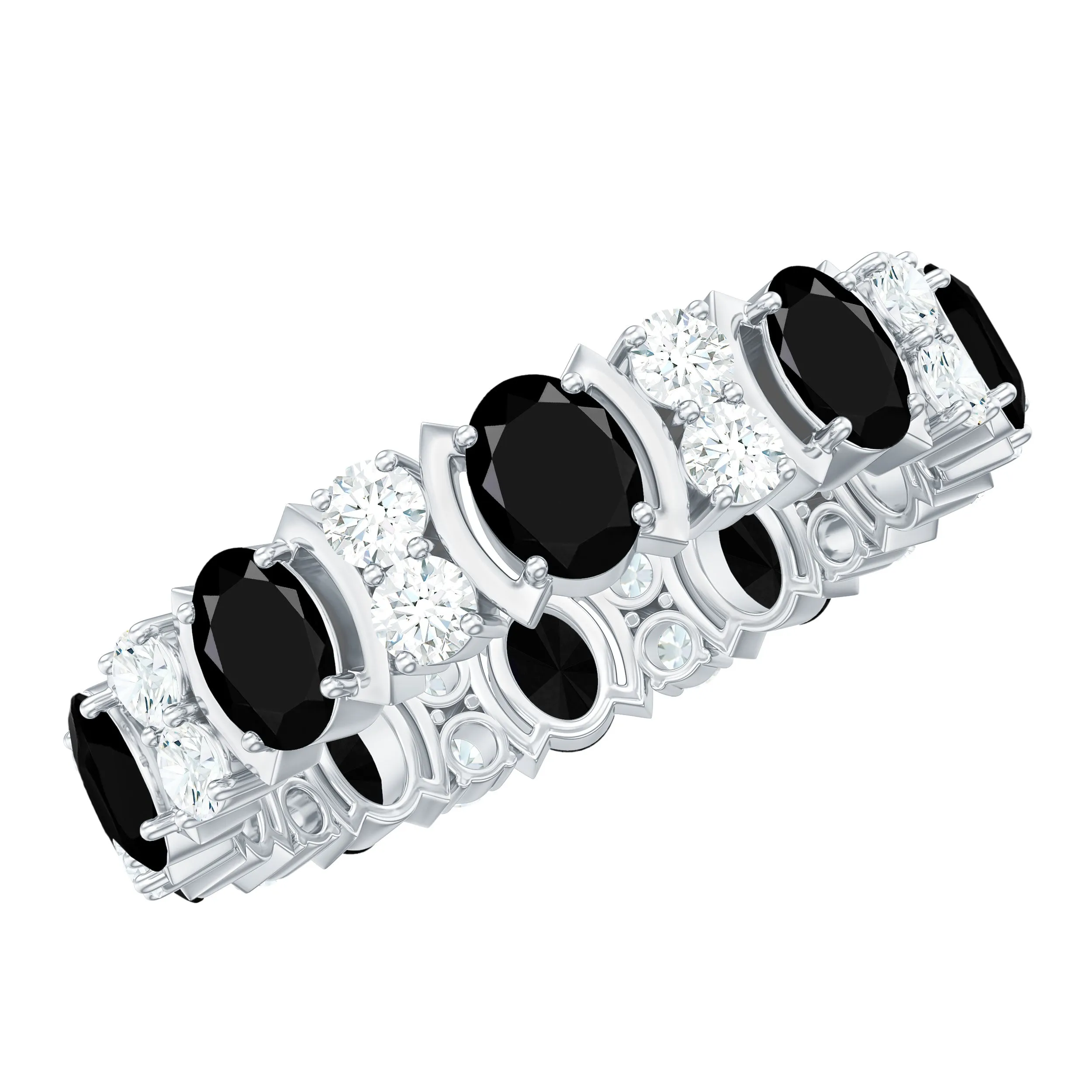 Oval Black Onyx and Moissanite Eternity Anniversary Band Ring