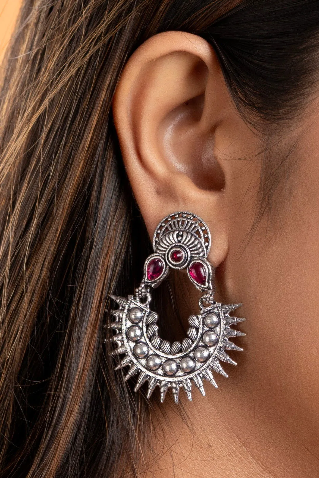 Oxidized Silver Pink Stud Chandbali Earrings - Non-Allergic, Ideal for All Occasions