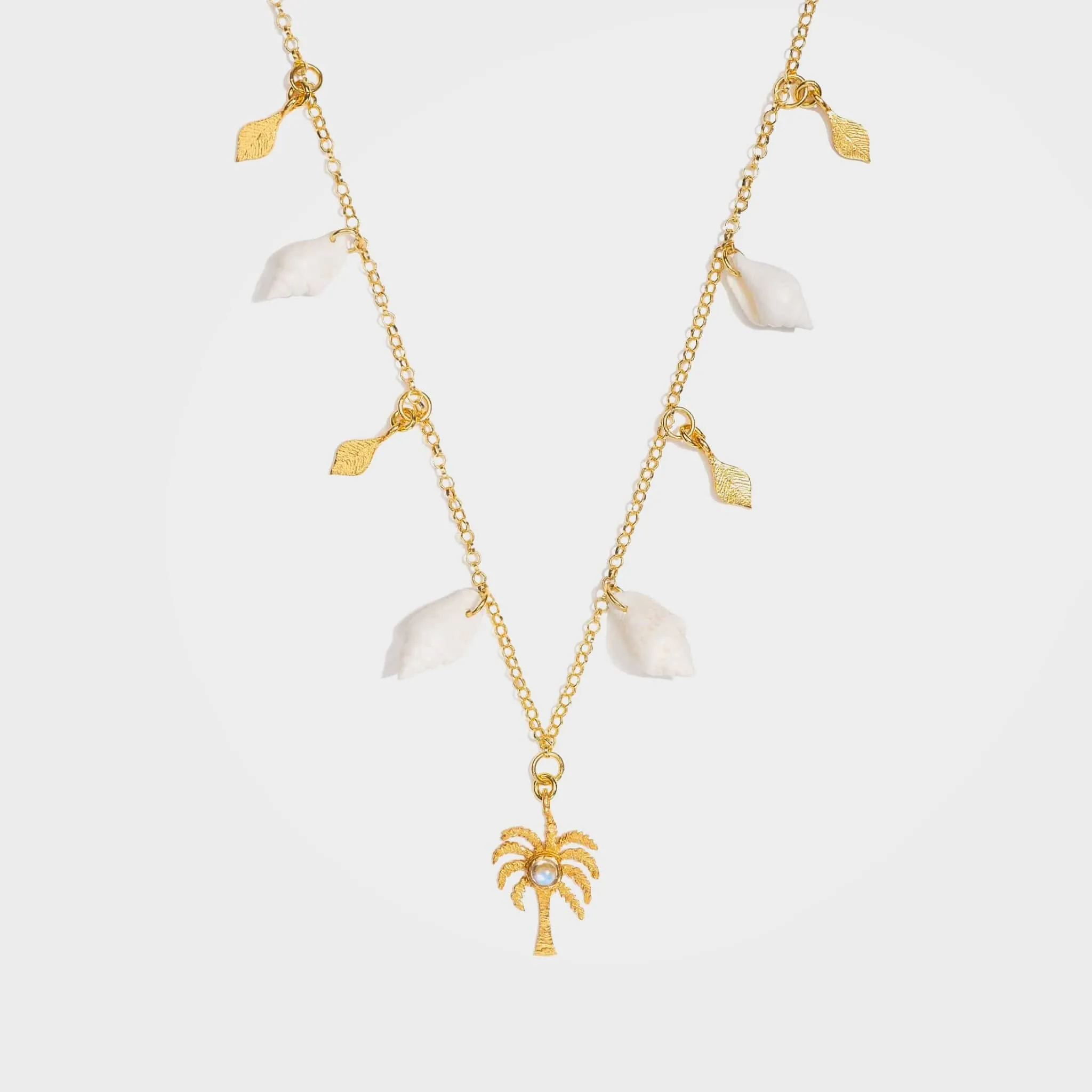 Palm Tree Charm Necklace with Moonstone & Shells in Gold - Palma | By Lunar James