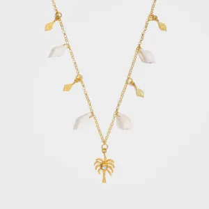 Palm Tree Charm Necklace with Moonstone & Shells in Gold - Palma | By Lunar James