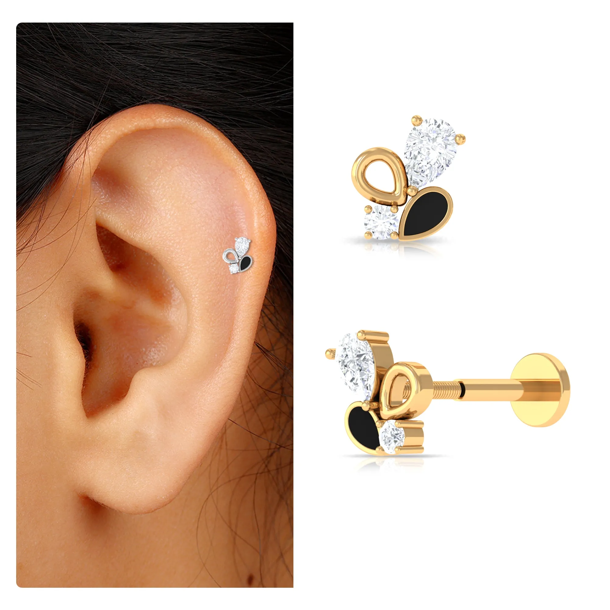 Pear Moissanite Cluster Conch Earring with Black Enamel