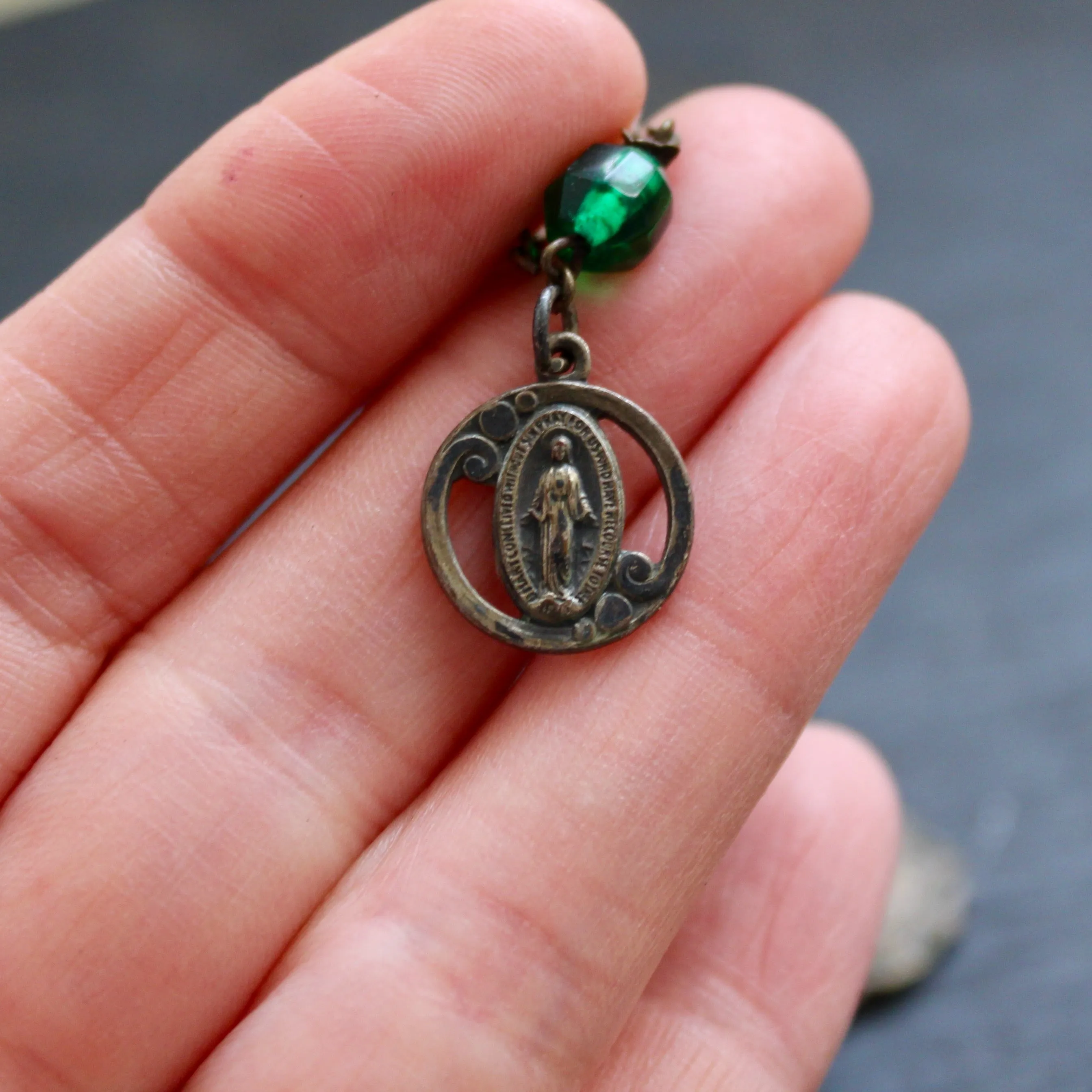 Pilgrim's Rosary with Green Glass Beads and Medals