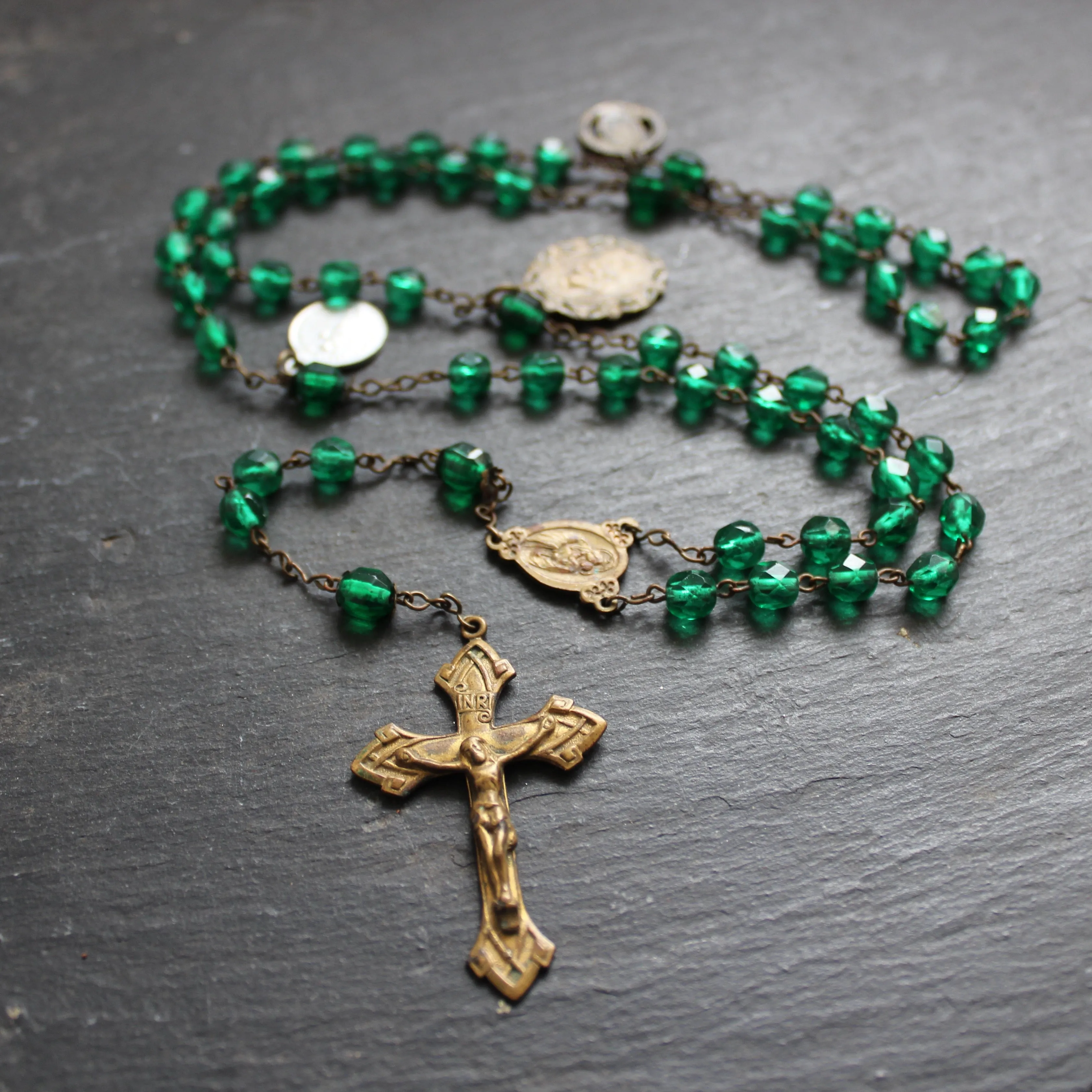 Pilgrim's Rosary with Green Glass Beads and Medals