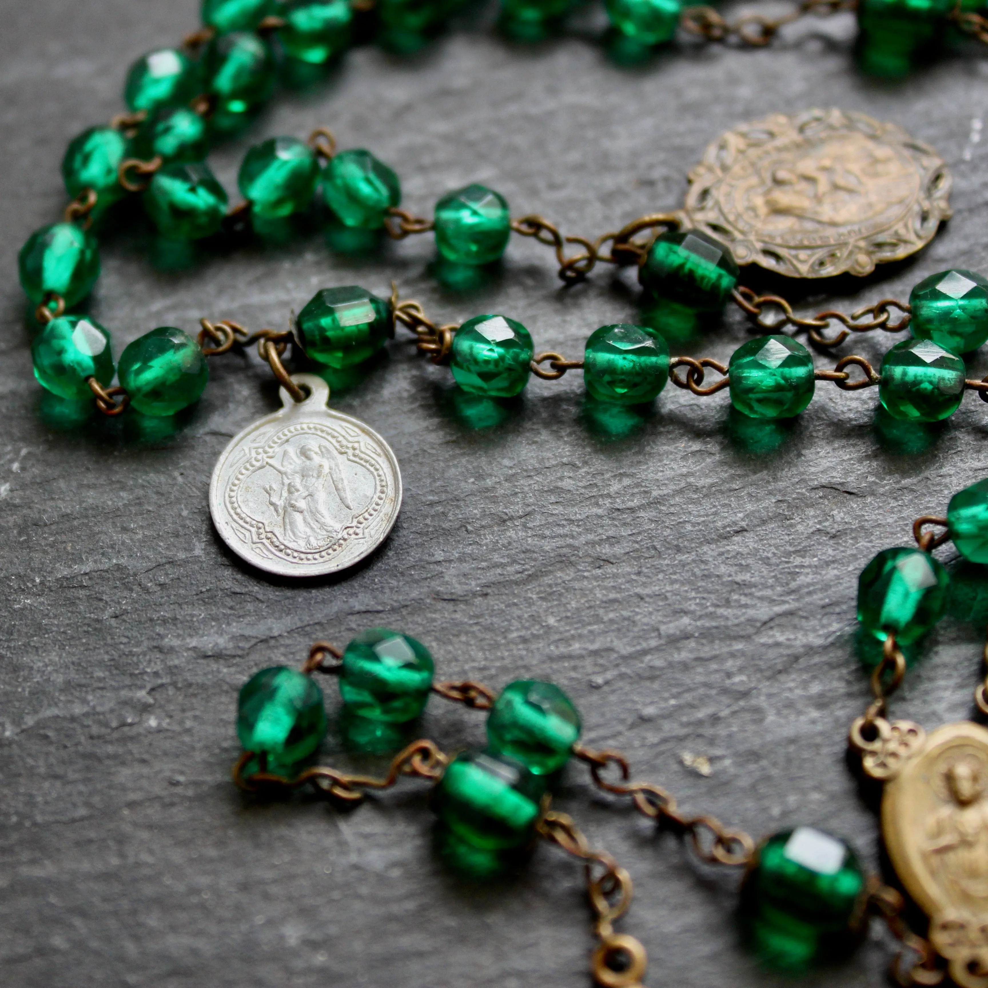 Pilgrim's Rosary with Green Glass Beads and Medals