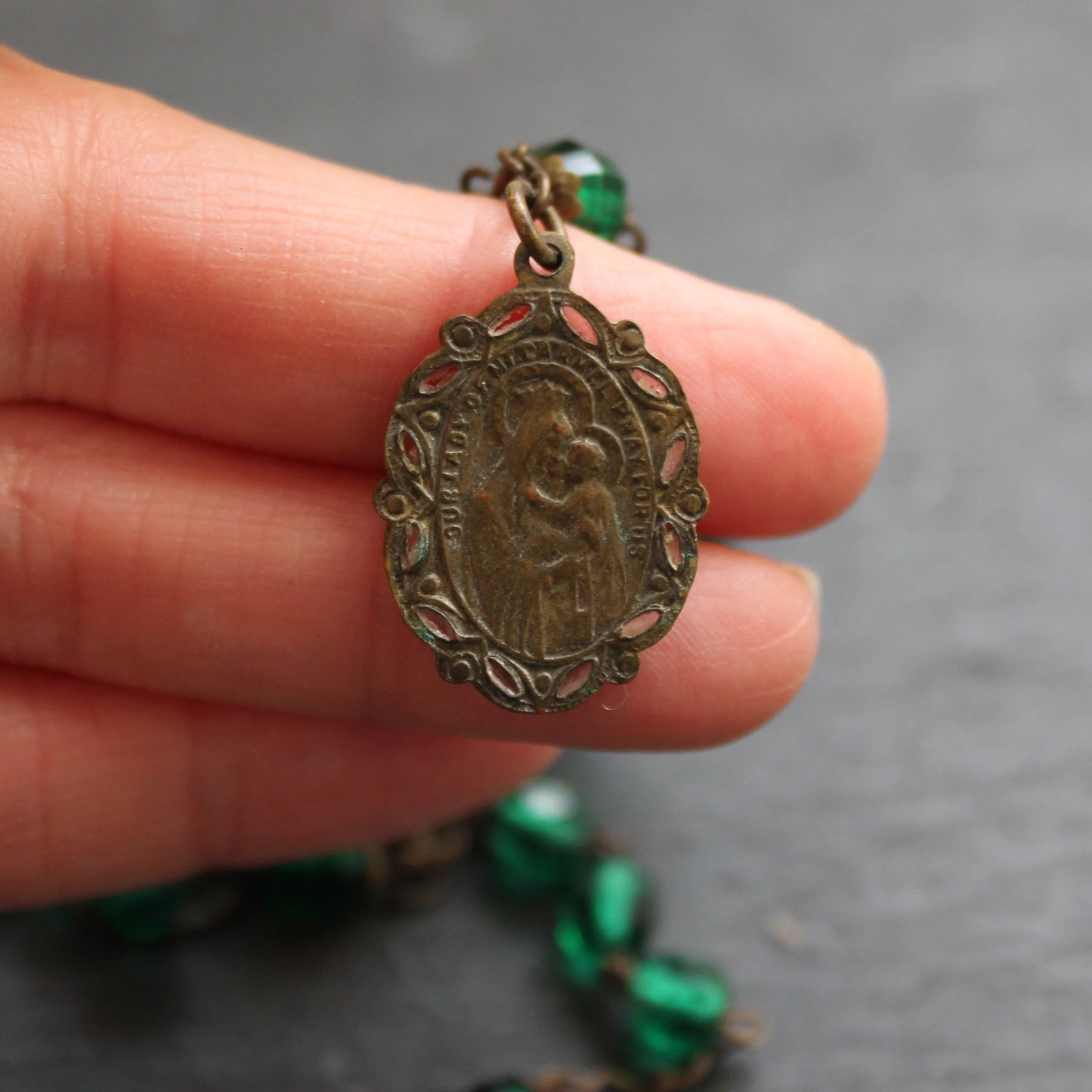 Pilgrim's Rosary with Green Glass Beads and Medals