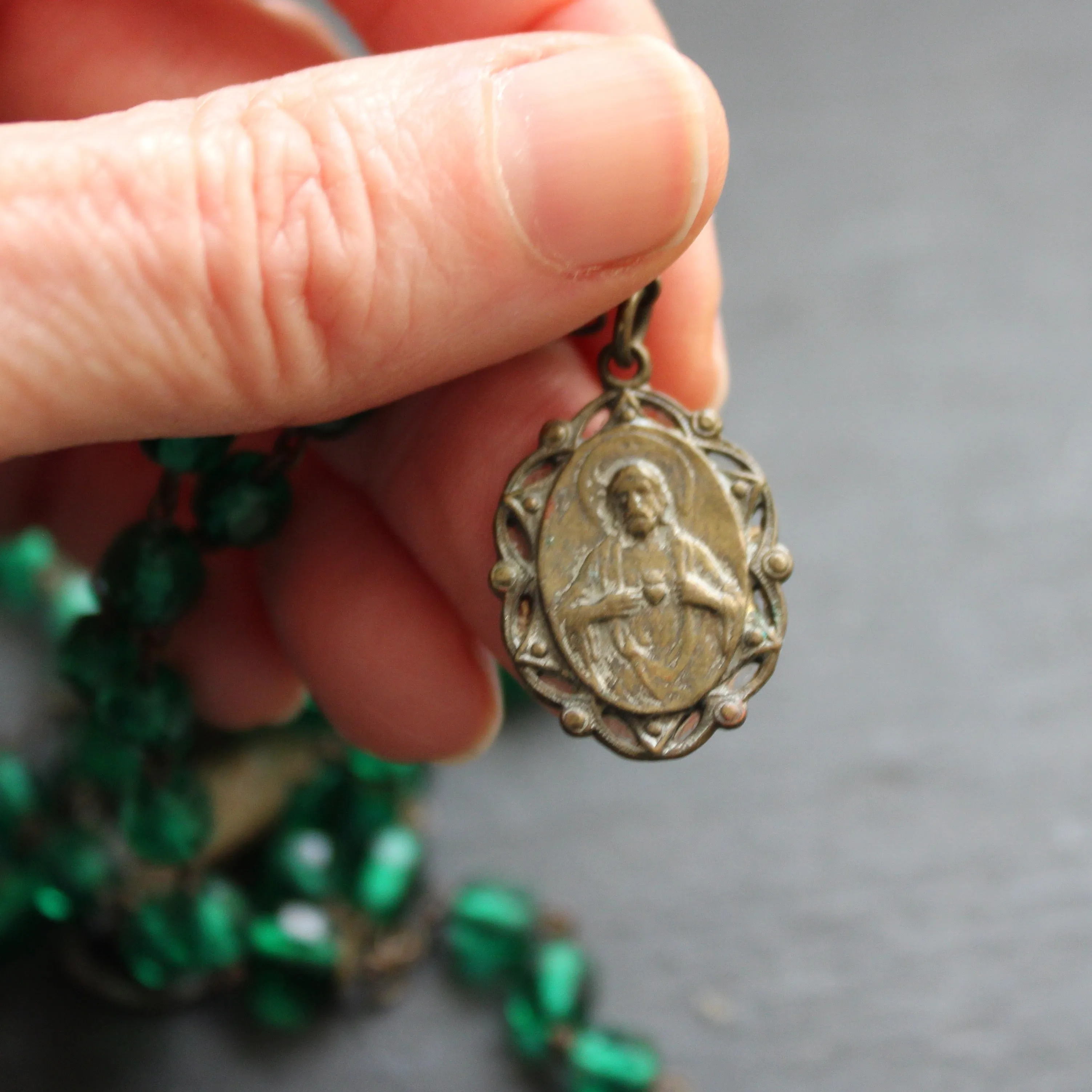 Pilgrim's Rosary with Green Glass Beads and Medals