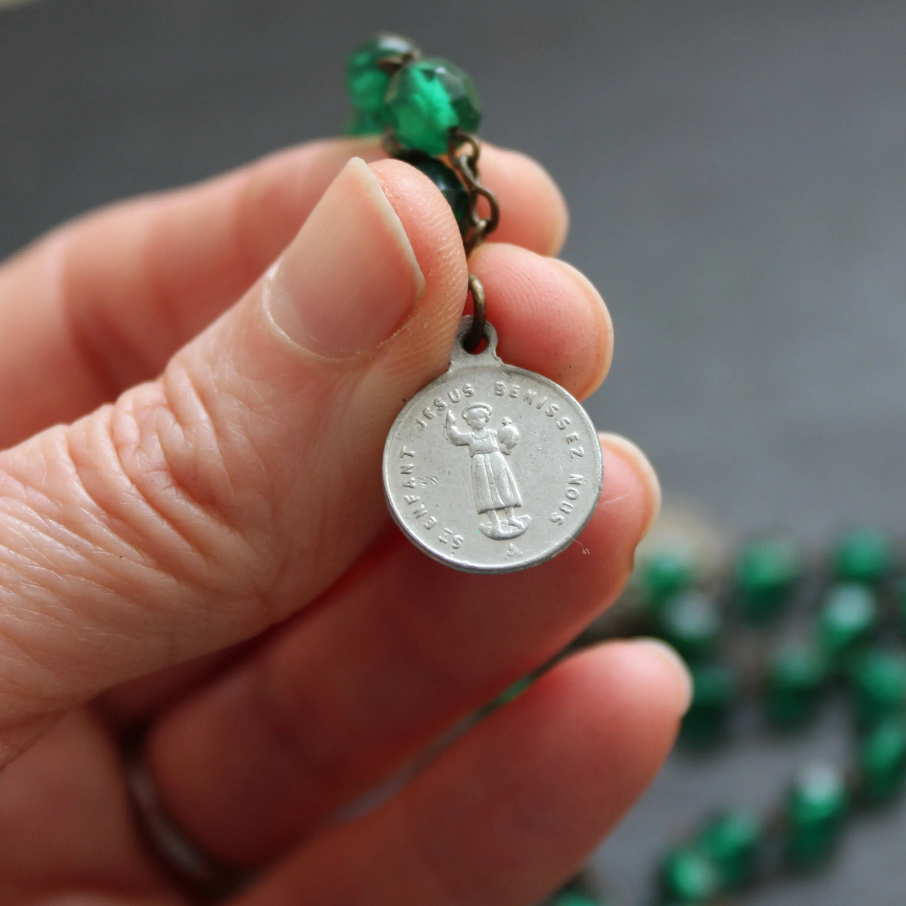 Pilgrim's Rosary with Green Glass Beads and Medals