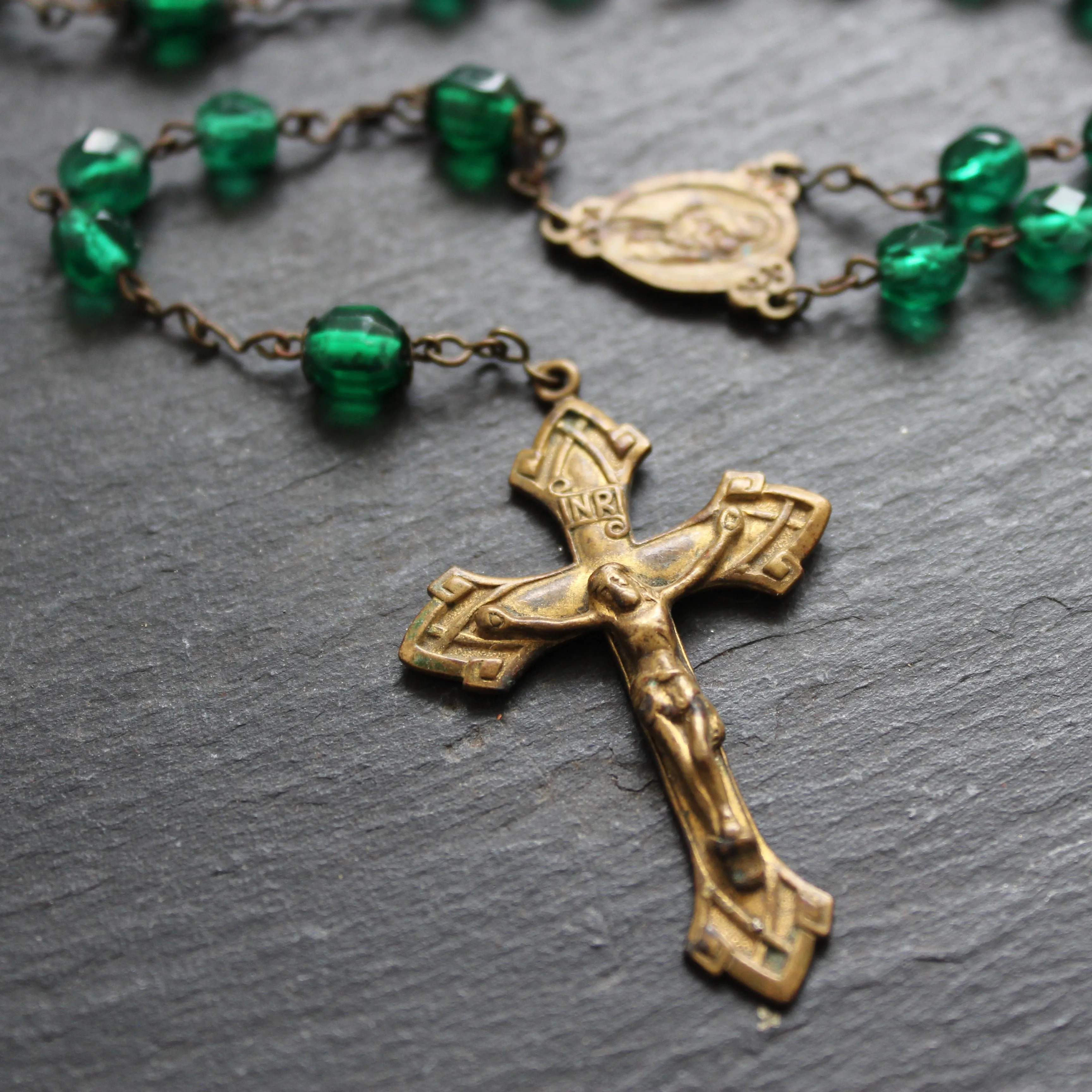 Pilgrim's Rosary with Green Glass Beads and Medals