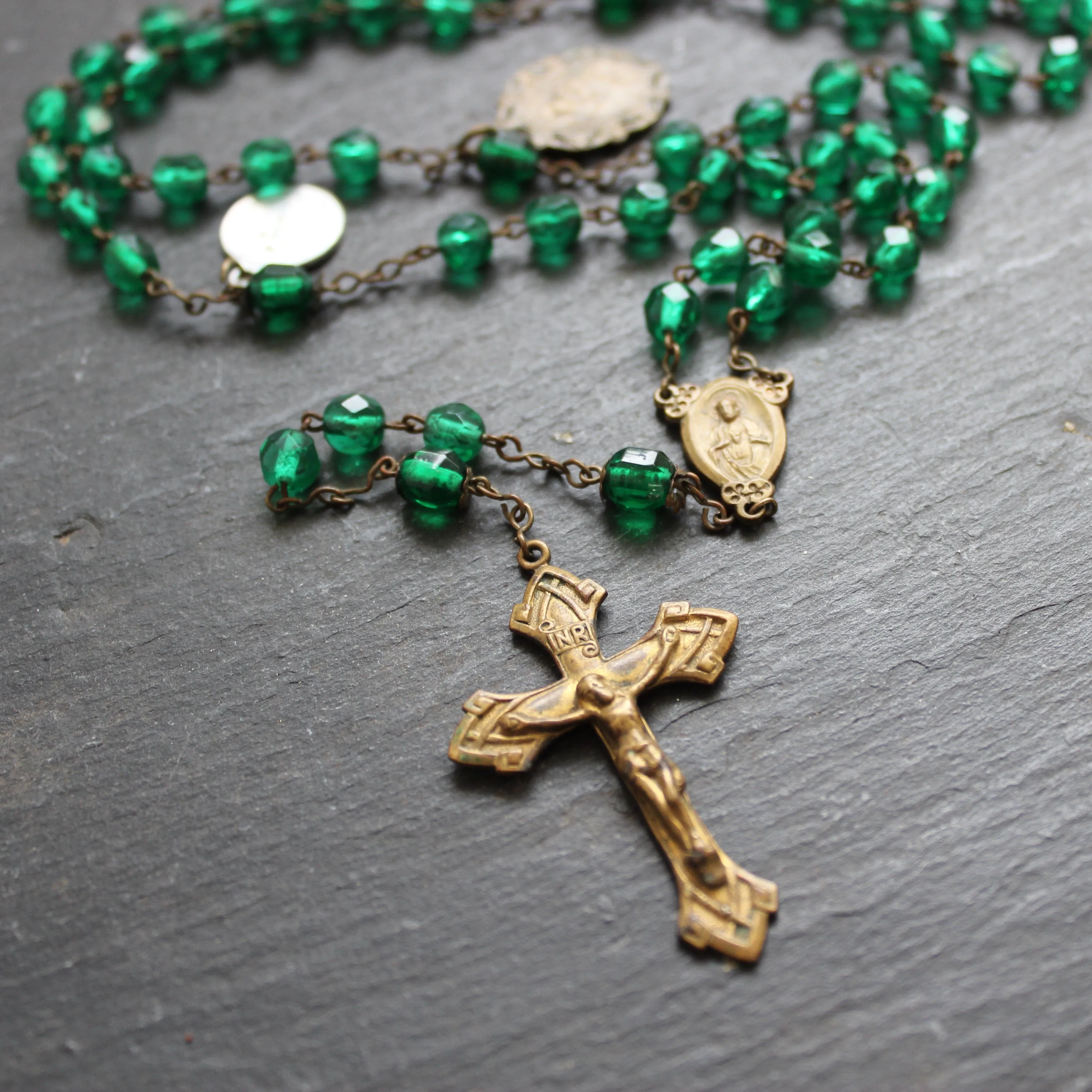 Pilgrim's Rosary with Green Glass Beads and Medals