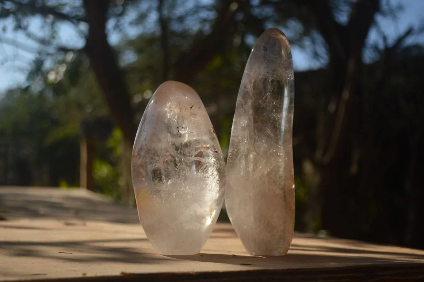 Polished Smokey Clear Rock Crystal Standing Free Forms x 2 From Madagascar