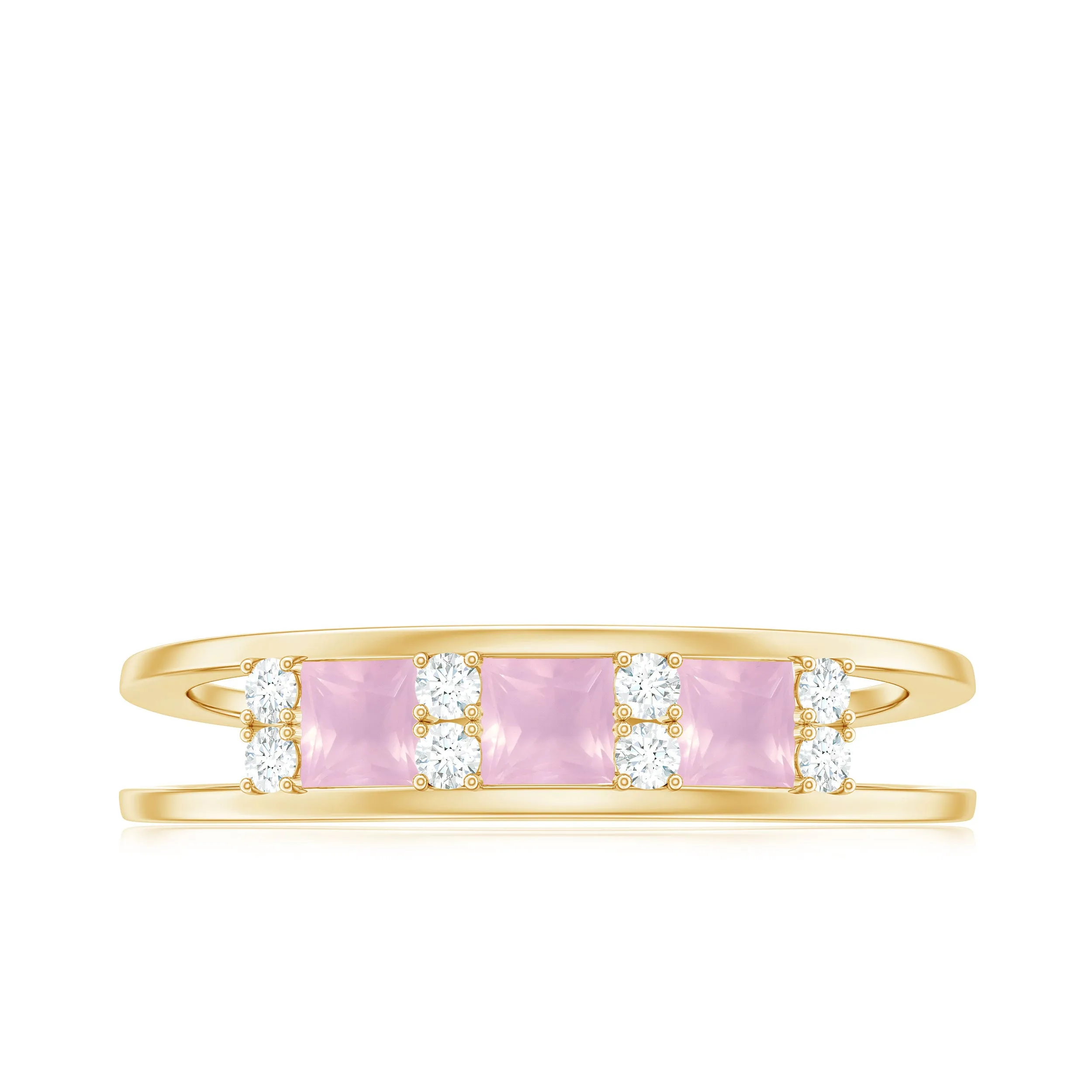 Princess Cut Rose Quartz and Diamond Band Ring