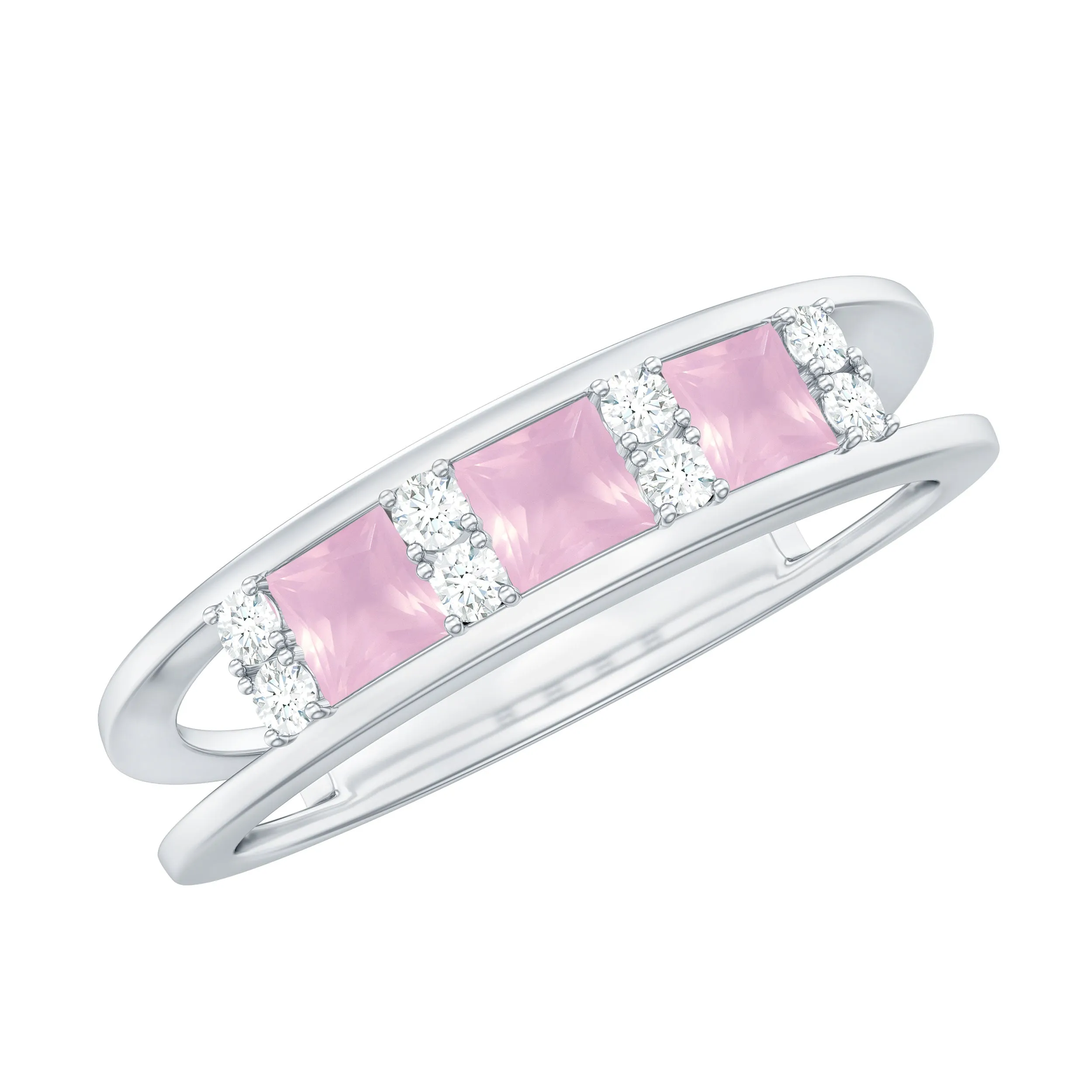 Princess Cut Rose Quartz and Diamond Band Ring