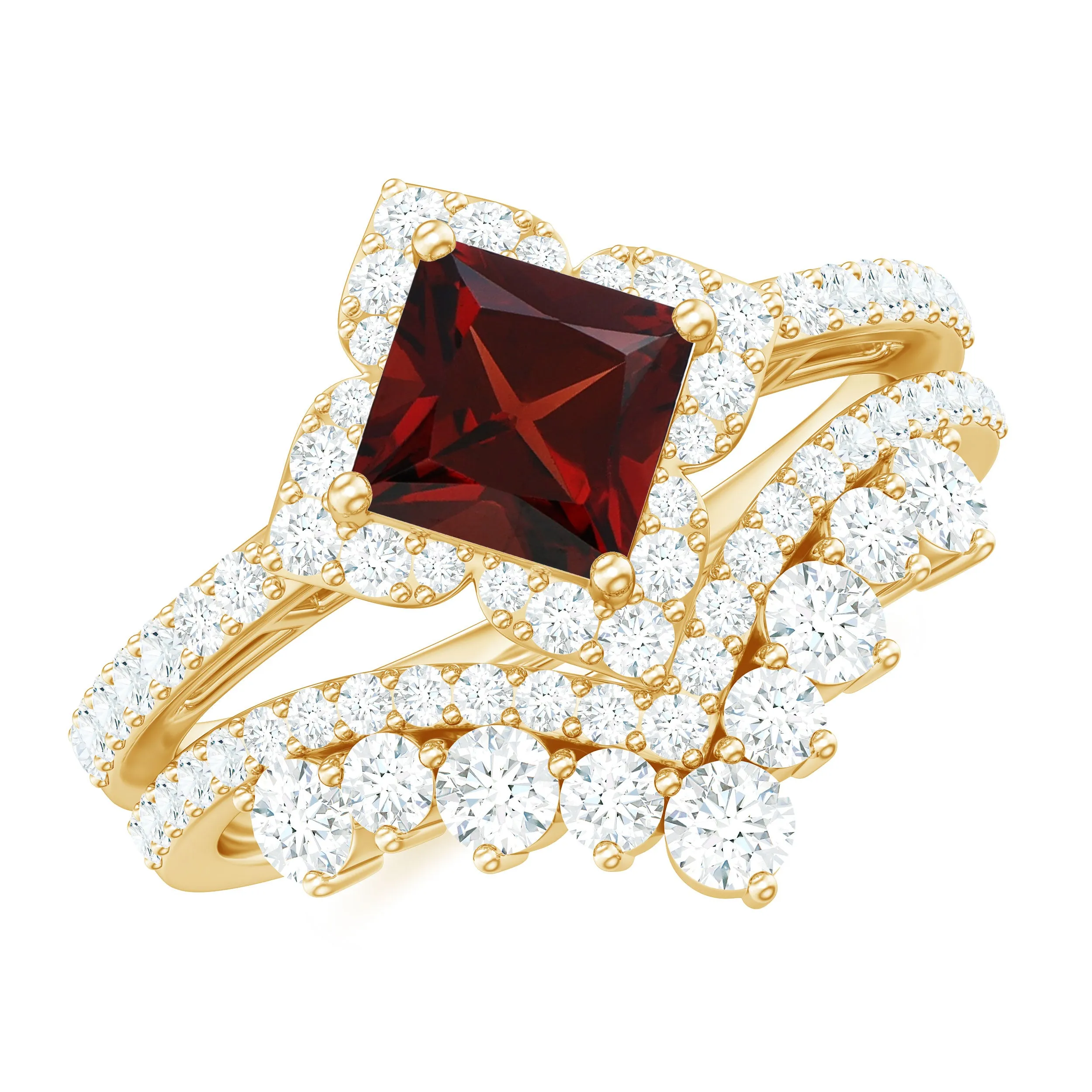 Real Garnet and Moissanite Statement Wedding Ring Set