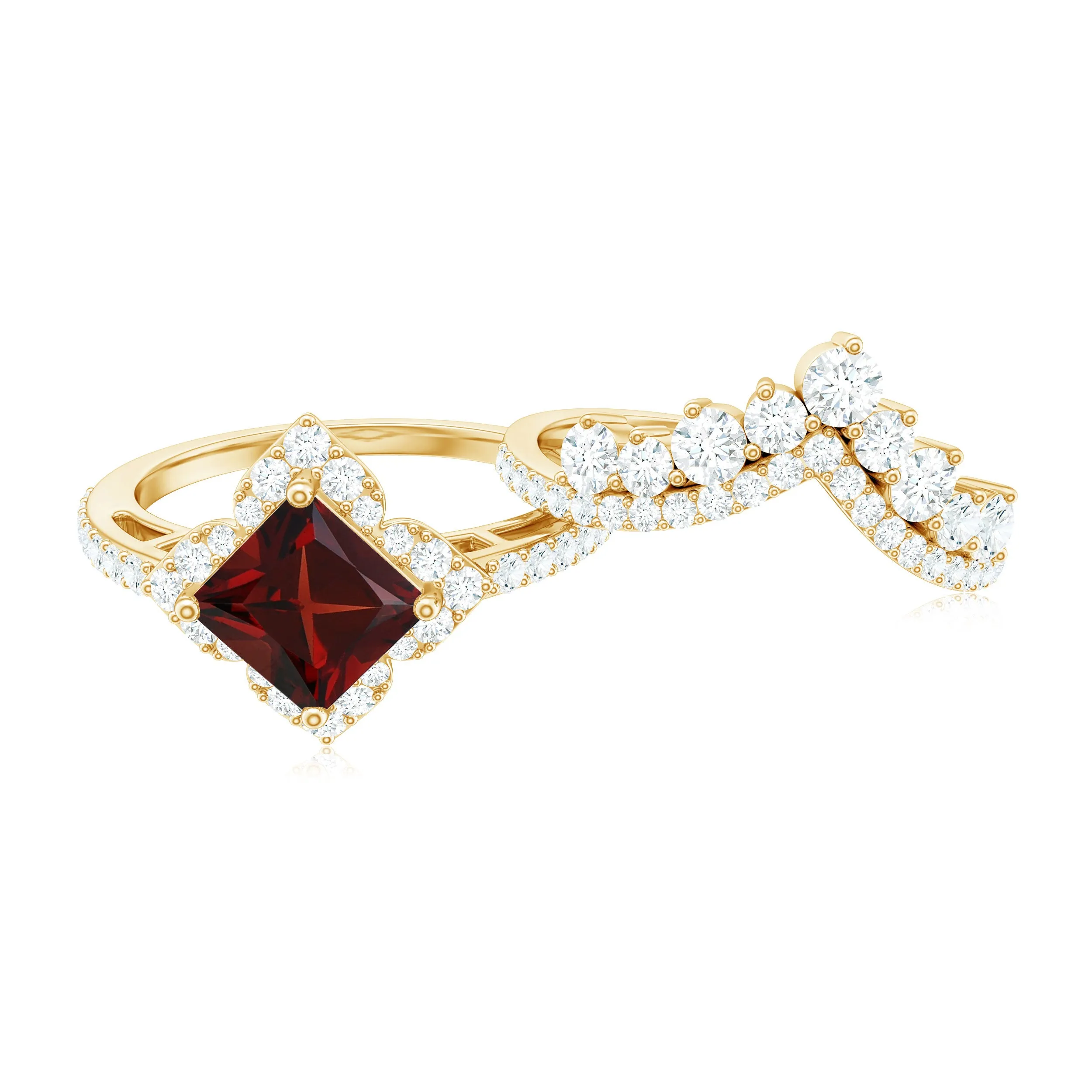 Real Garnet and Moissanite Statement Wedding Ring Set