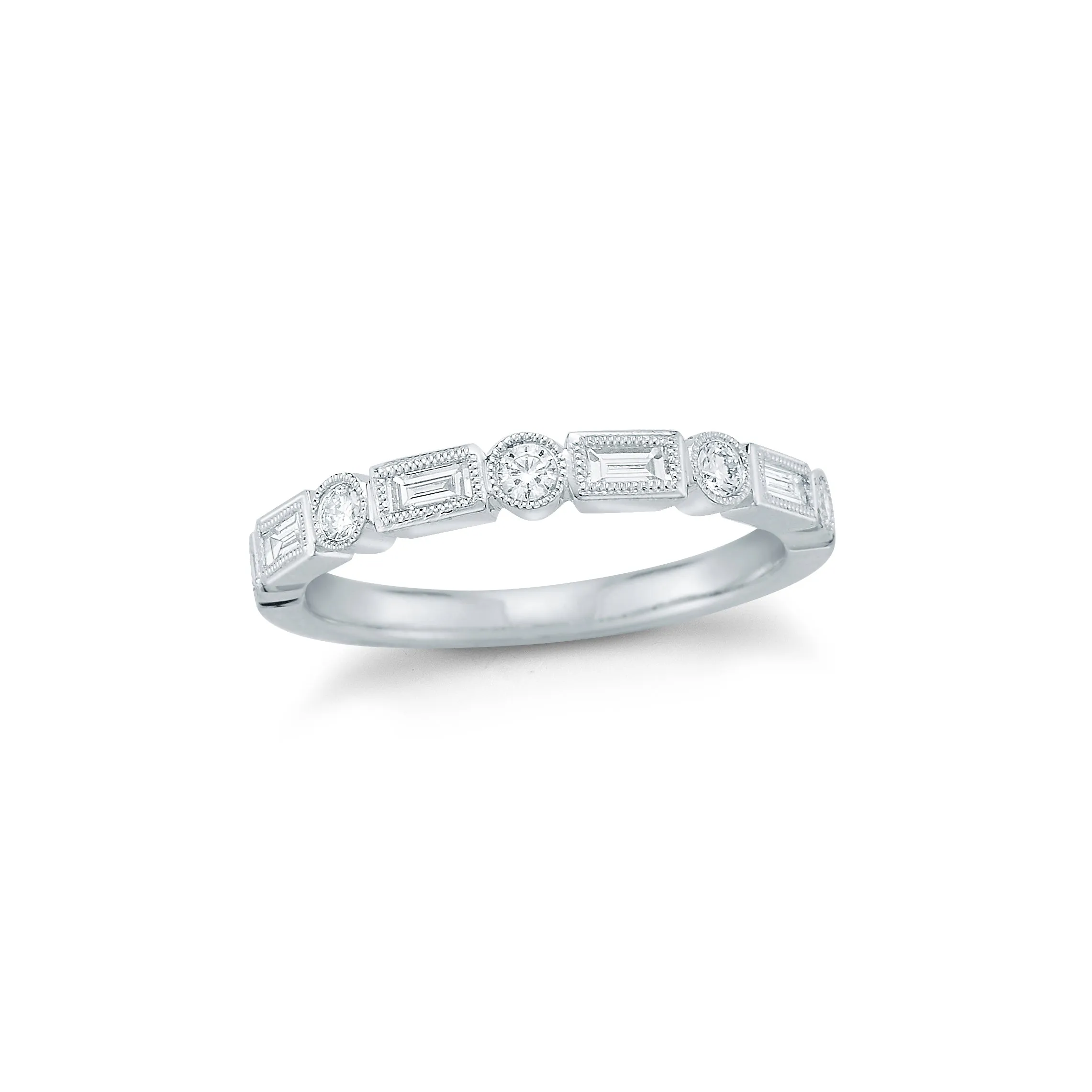 Round & Baguette diamond Stacking Ring with Antique Milgrain