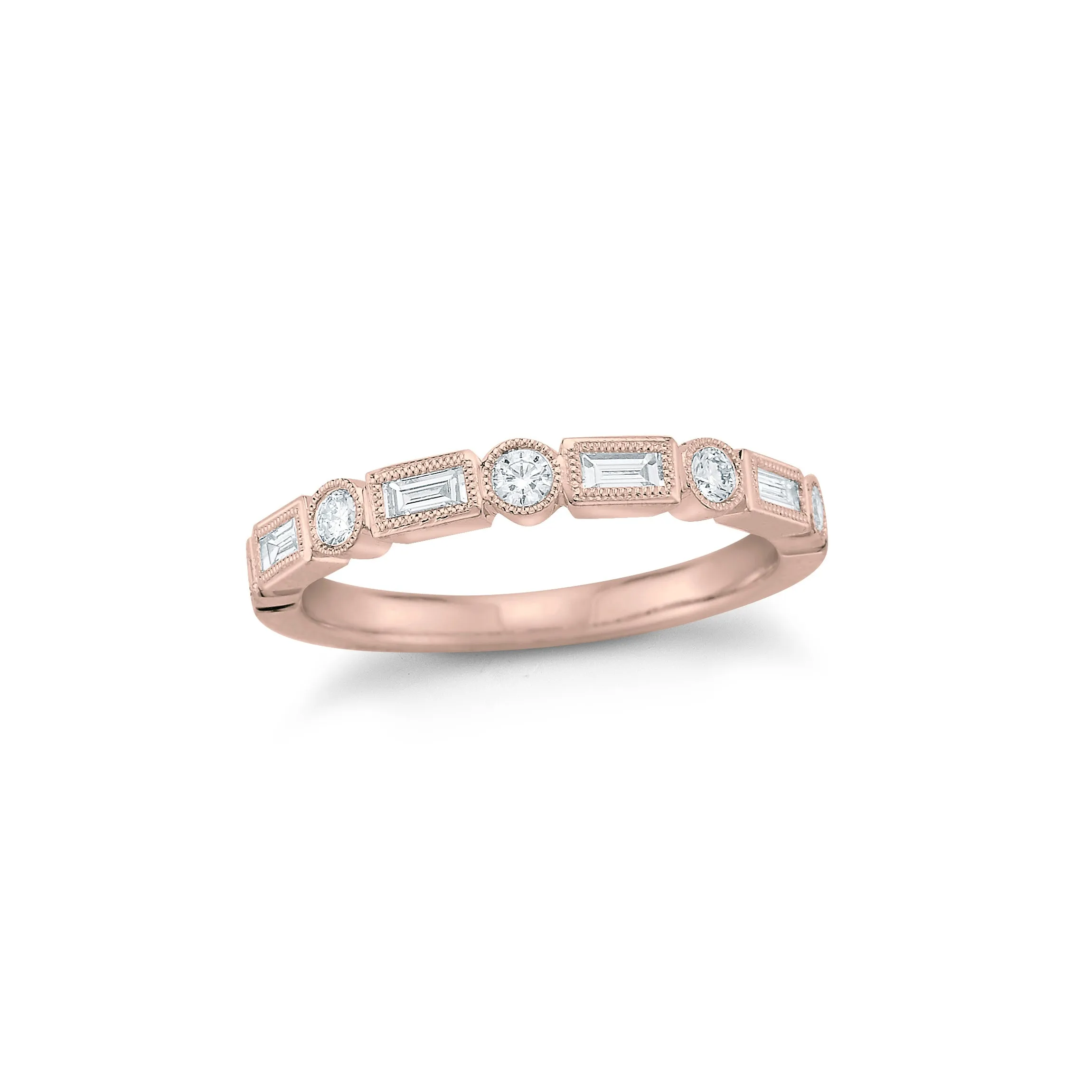 Round & Baguette diamond Stacking Ring with Antique Milgrain