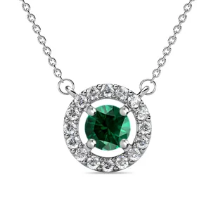 Royal May Birthstone Emerald Necklace, 18k White Gold Plated Silver Halo Necklace with Round Cut Crystal