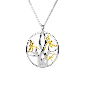 Silver and 10k Gold Dragonfly in Reeds Pendant Large